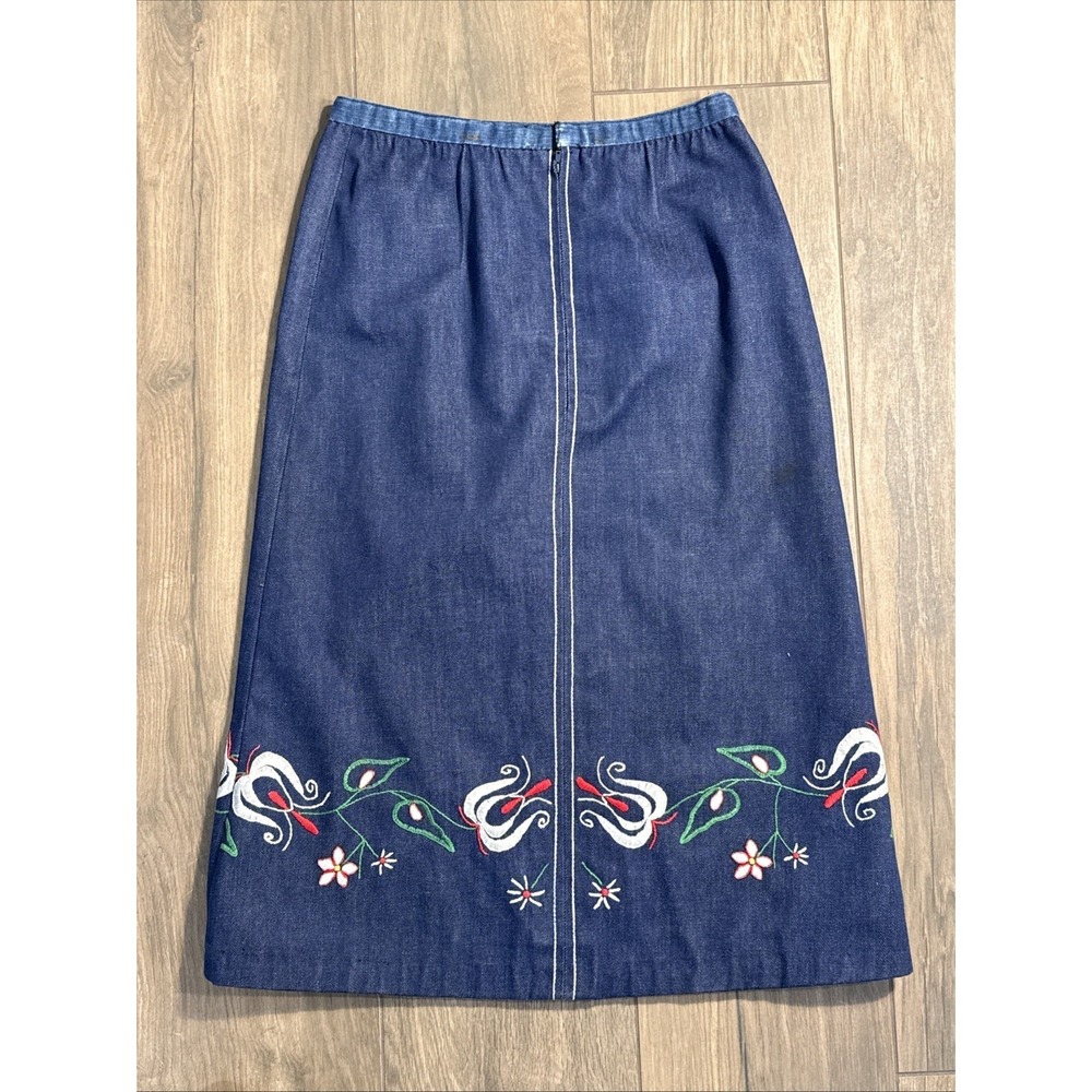 Vintage 70s Handmade Midi Denim Skirt Embroidered Flowers Hippie 27" Waist XS/S - Picture 2 of 16